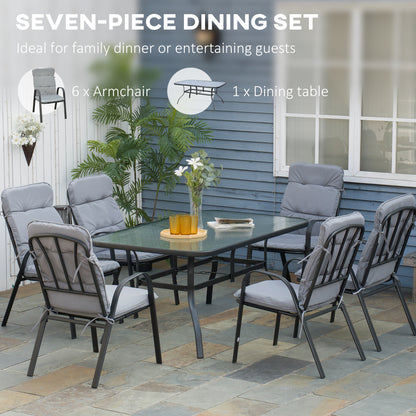 Outsunny 7Pieces Garden Dining Set, Outdoor Dining Table and 6 Cushioned Armchairs, Tempered Glass Top Table w/ Umbrella Hole, Texteline Seats, Black
