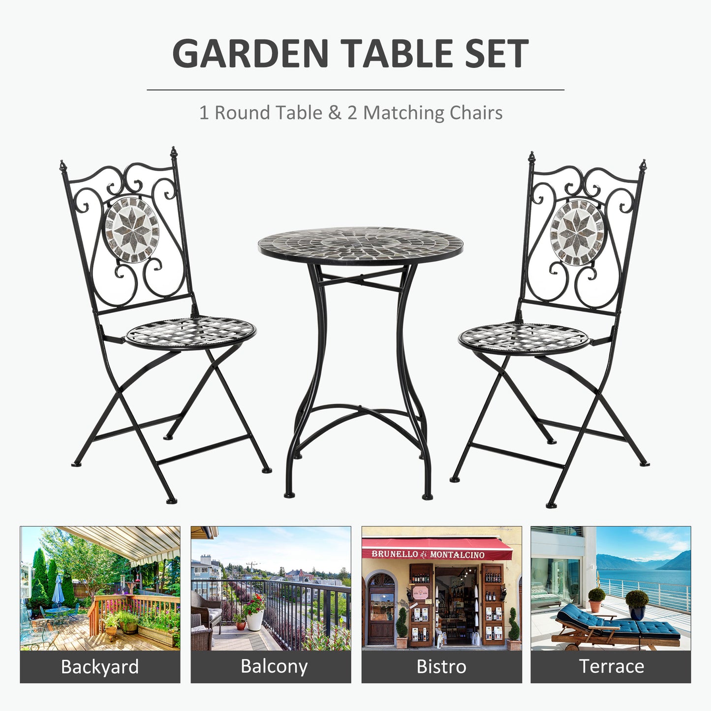 Outsunny 3 Pcs Mosaic Tile Garden Bistro Set Outdoor Seating w/ Table 2 Folding Chairs Set Metal Frame Elegant Scrolling Indoor Patio Balcony