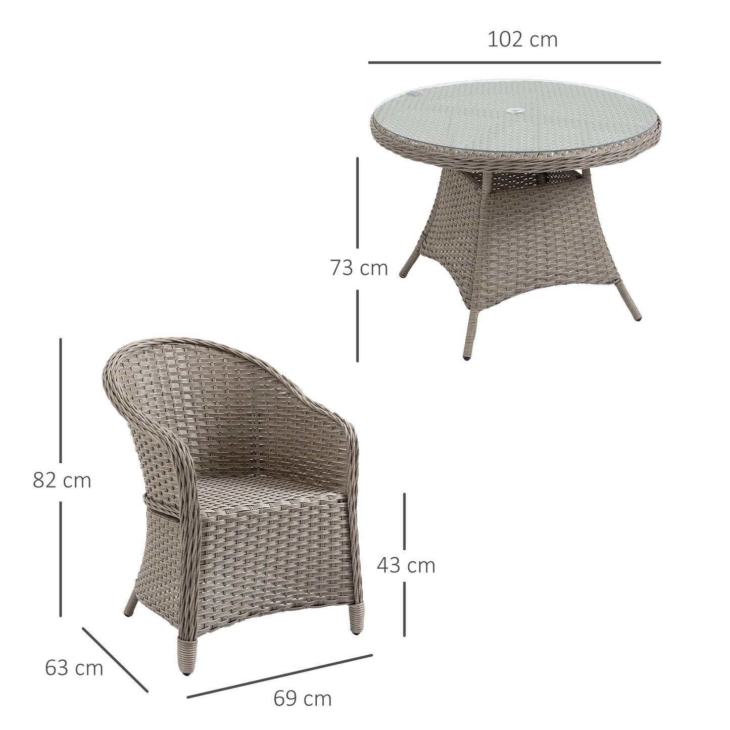 Outsunny 5 Pieces Outdoor Patio PE Rattan Dining Set, Four Seater Garden Furniture - 4 Chairs & Round Table w/ Umbrella Hole, Mixed Grey