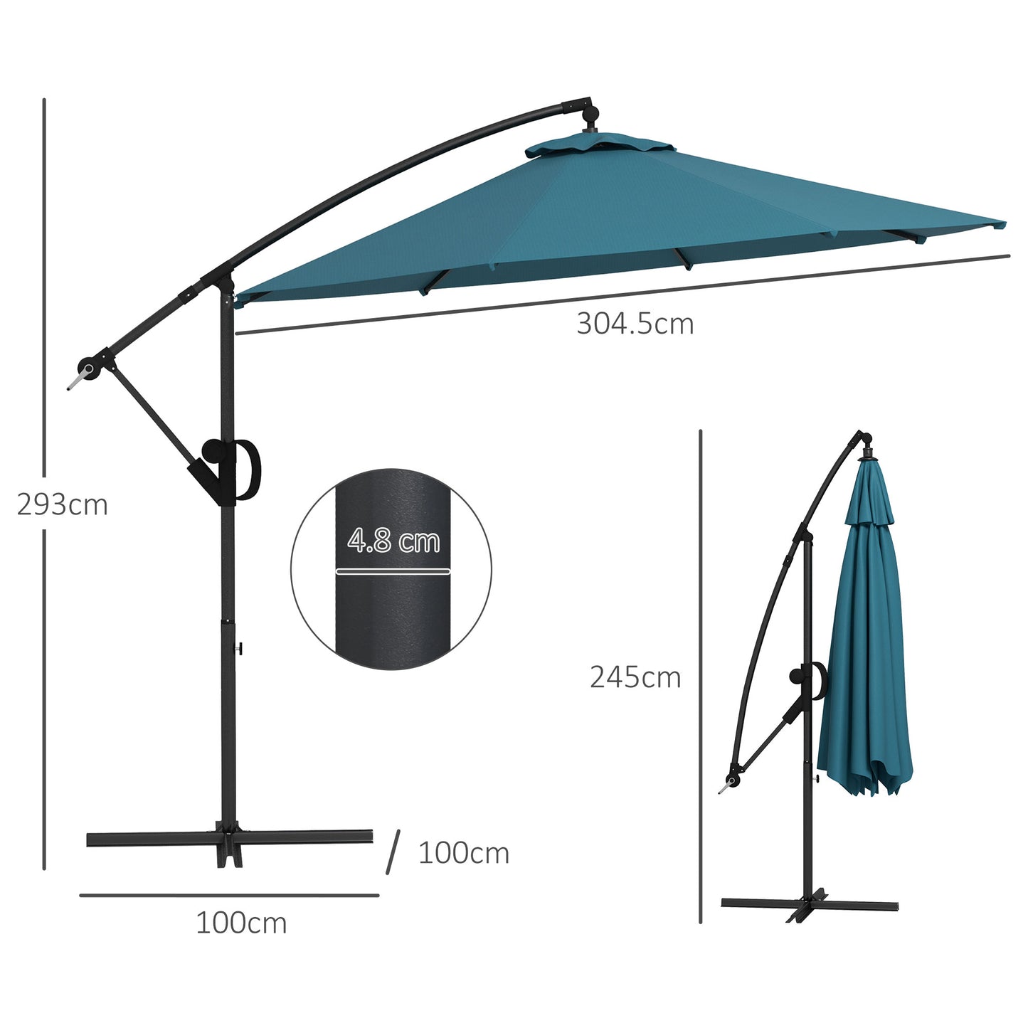 Outsunny Cantilever Parasol 3(m) with Cross Base, Banana Umbrella with Crank Handle, Tilt & 8 Ribs, Blue