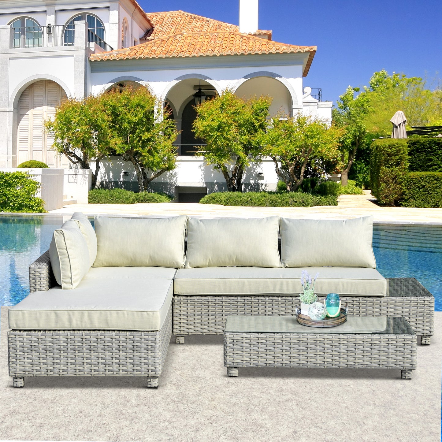 Outsunny 3 Pieces Outdoor PE Rattan Furniture Set, with Chaise Lounge, Sofa and Table, 4-Level Adjust Backrest Chaise Lounge, Mixed Grey | Aosom UK