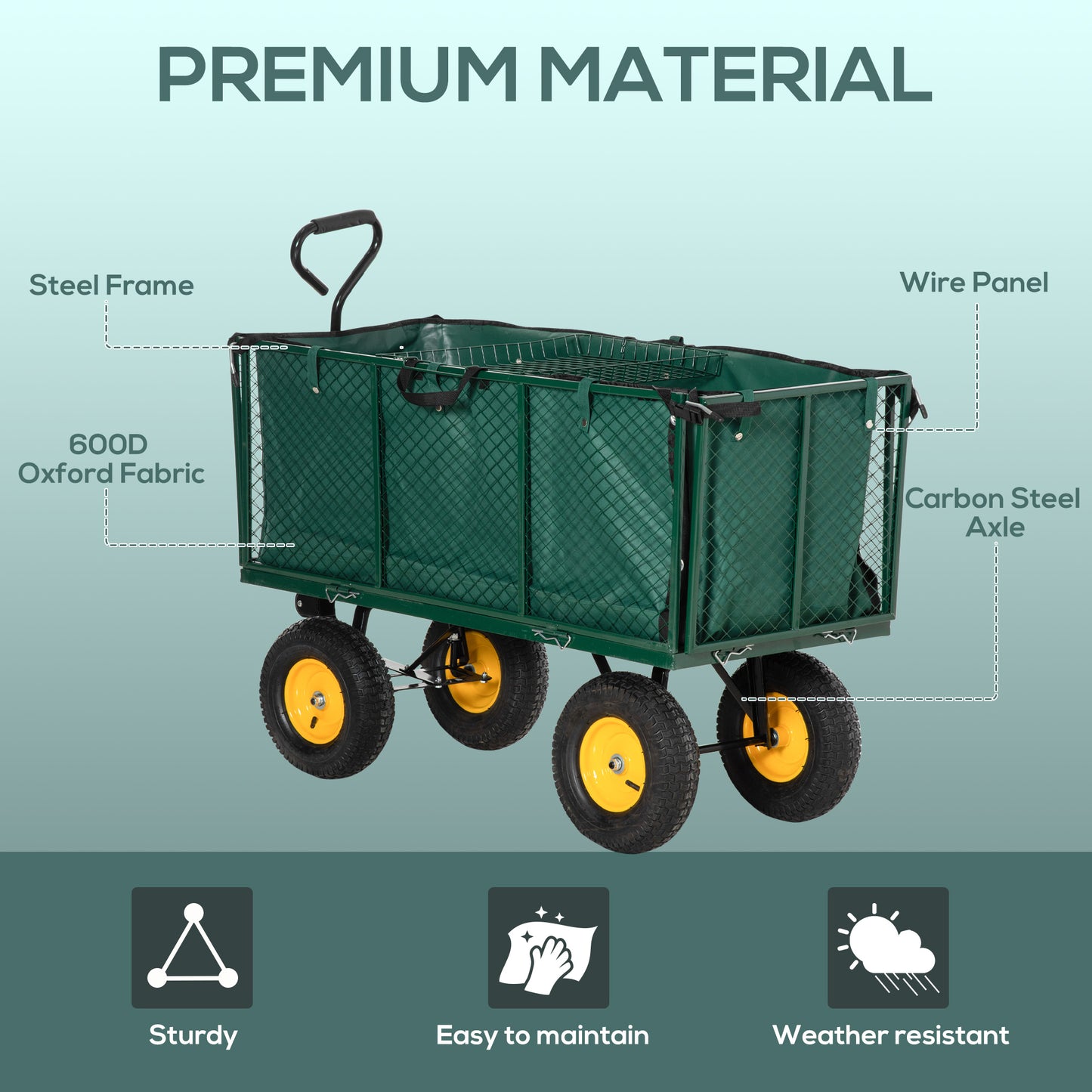 Outsunny Heavy Duty Garden Trolley with 4 Wheels, Metal Frame, and Pull Handle, Ideal for Gardening Tasks, Green