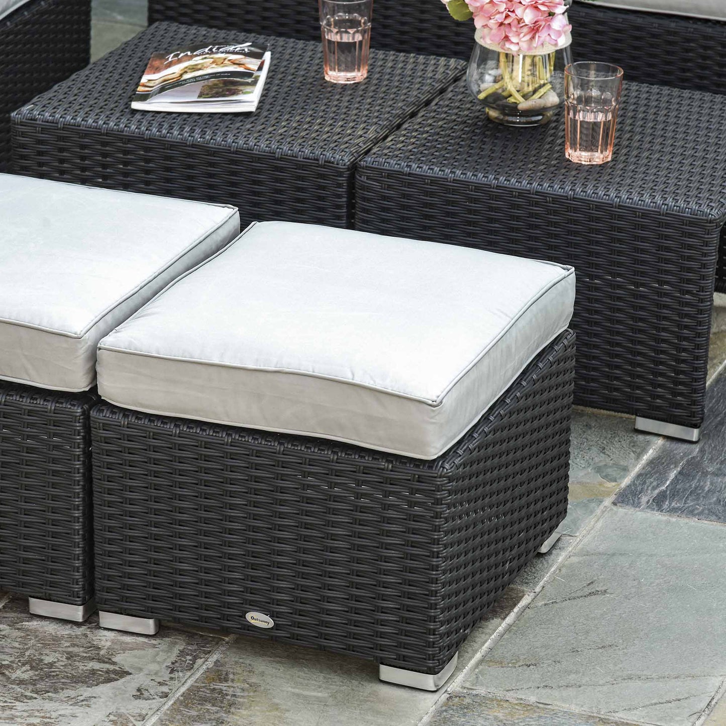 Outsunny 6-Seater Garden Rattan Wicker Sofa Set w/ Coffee Table, Wicker Weave Chair, Space-saving Footstool, Padded Cushions, Black