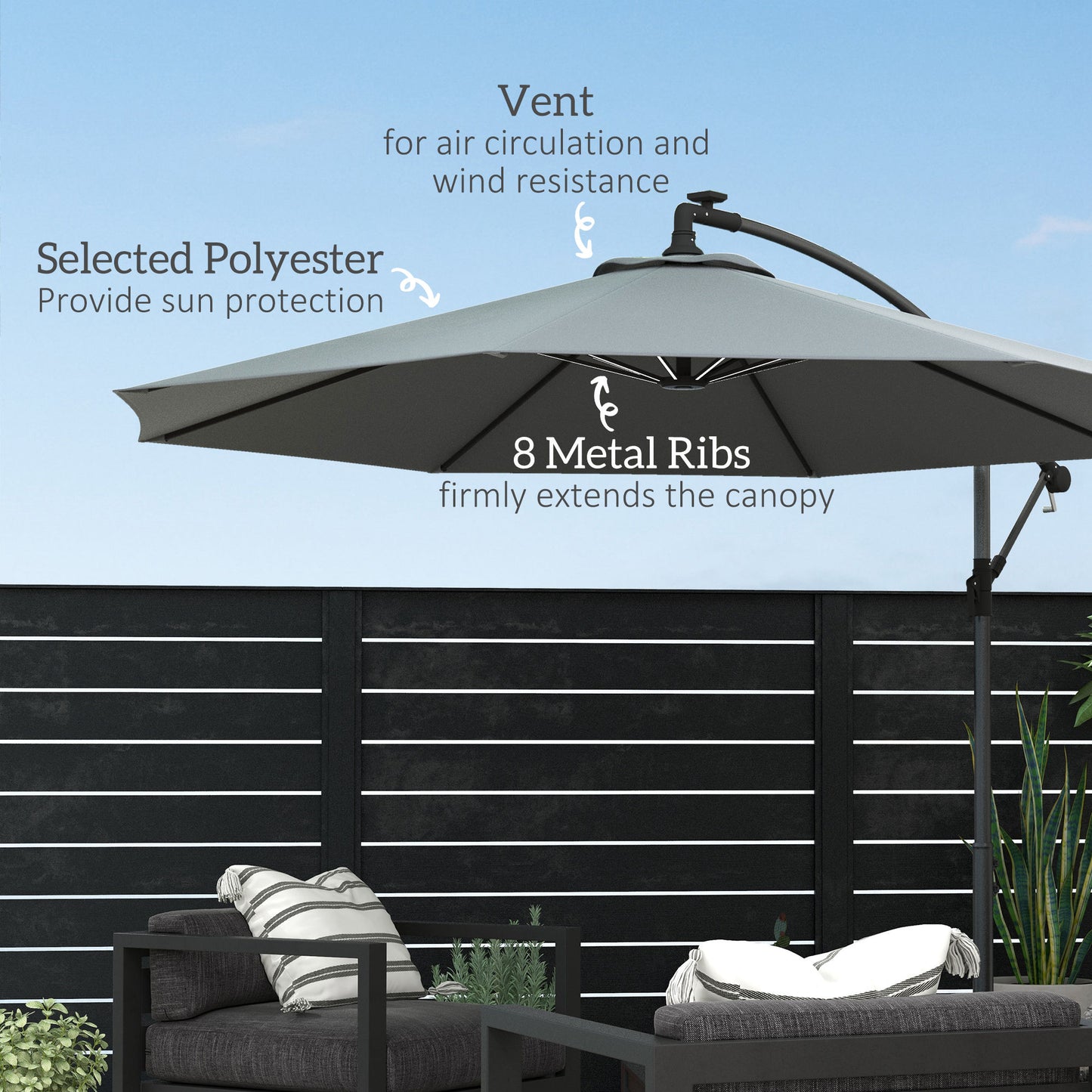 Outsunny 3(m) Cantilever Parasol with Solar LED Lights, Garden Umbrella with Cross Base and Crank Handle, Hanging Offset Banana Sun Shade for Outdoor, Patio, Grey