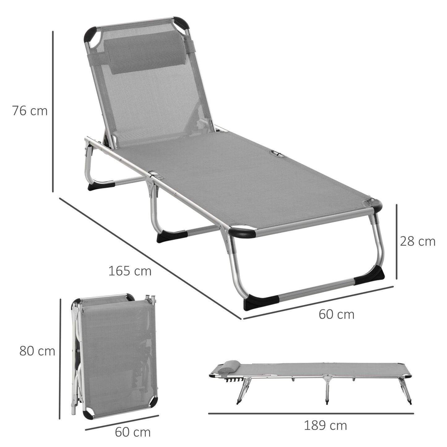 Outsunny Reclining Sun Lounger, Foldable Lounge Chair, Camping Bed Cot, 4-Level Back, Aluminium Frame, Pillow, Grey