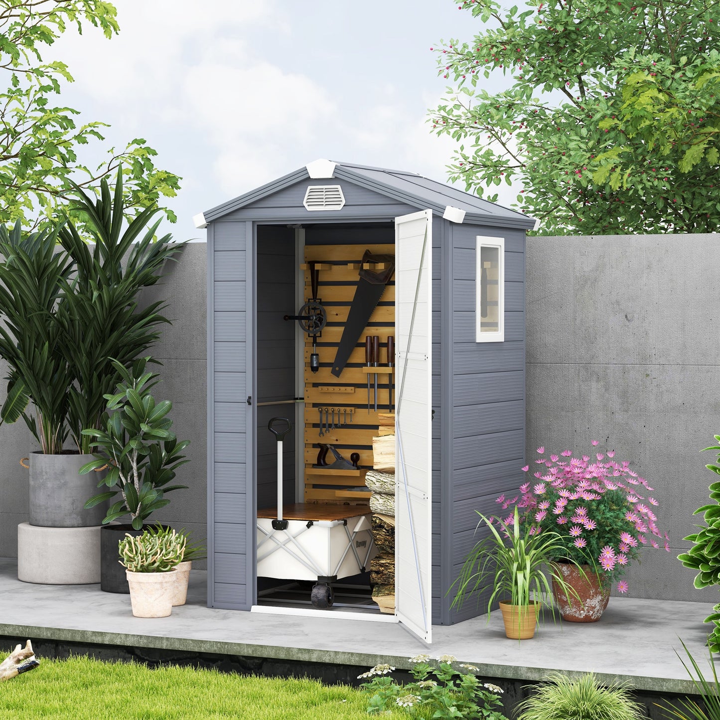 Outsunny 4 x 3ft Garden Shed with Foundation Kit, Polypropylene Outdoor Storage Tool House with Ventilation Slots and Lockable Door, Grey
