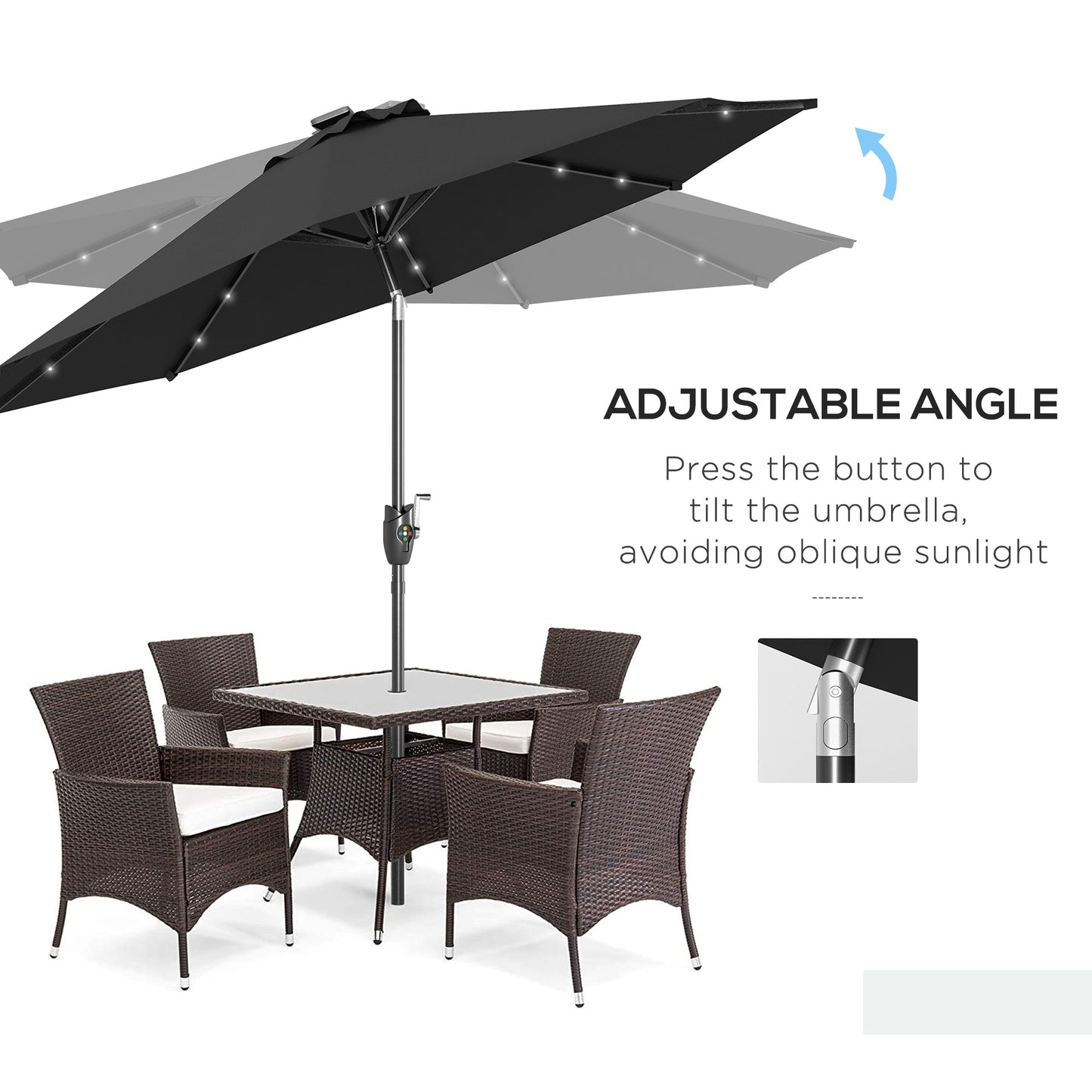 Outsunny Garden Parasol with Solar LED Lights, Tilt Sun Umbrella, Outdoor Patio Shade, 24 LED, Hand Crank, 8 Ribs, 2.7m, Black