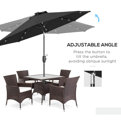 Outsunny Garden Parasol with Solar LED Lights, Tilt Sun Umbrella, Outdoor Patio Shade, 24 LED, Hand Crank, 8 Ribs, 2.7m, Black