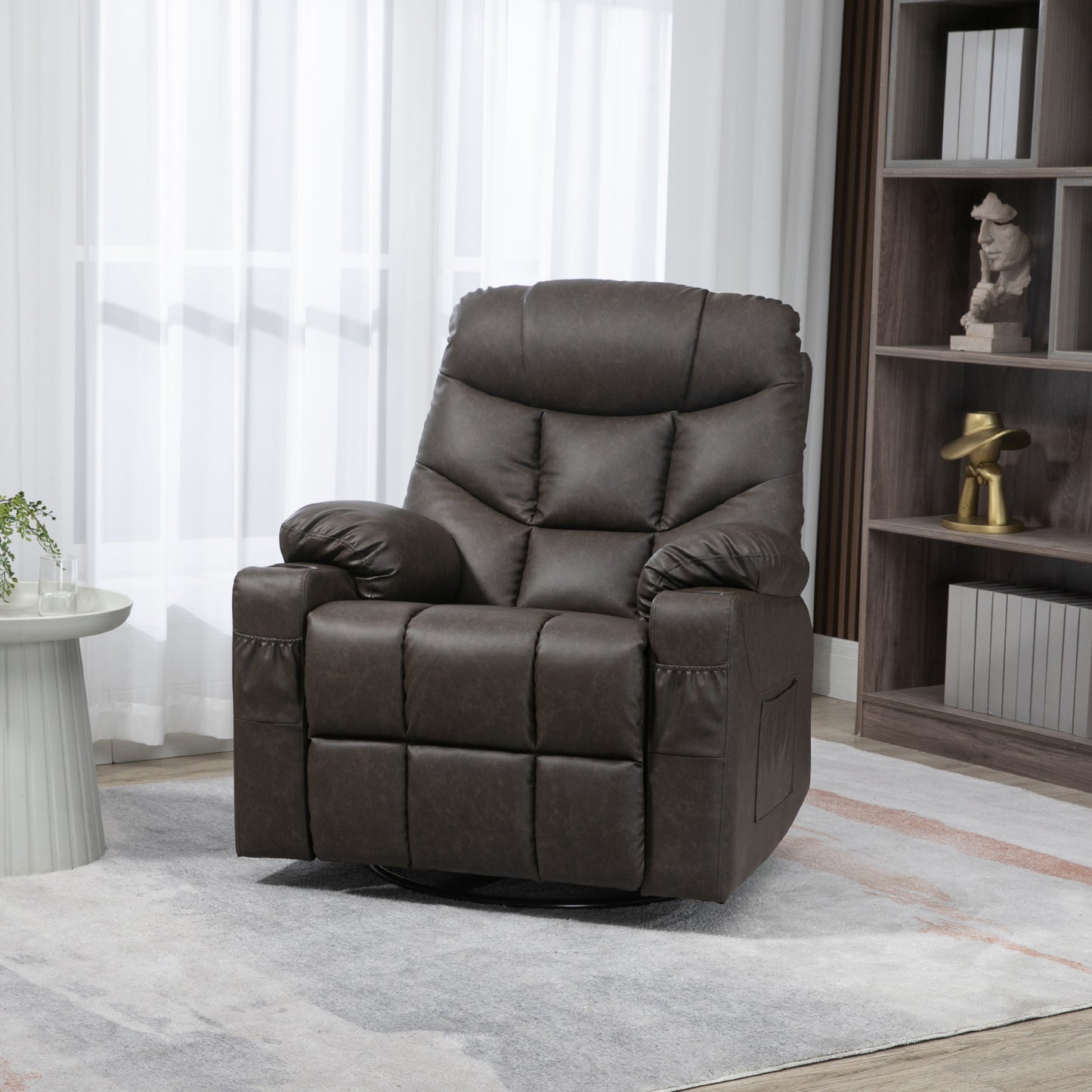 HOMCOM Manual Reclining Chair, Recliner Armchair with Faux Leather, Footrest, Cup Holders, 86x93x102cm, Brown
