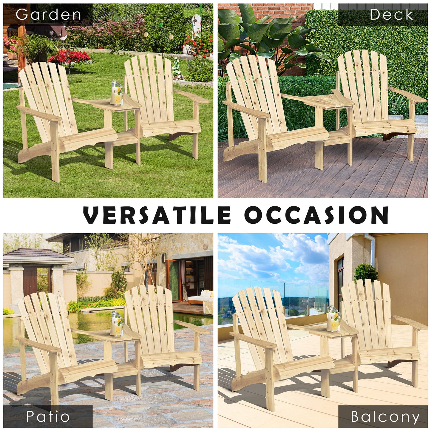 Outsunny Wooden Double Adirondack Chairs Loveseat with Centre Table & Umbrella Hole, Outdoor Garden Patio Furniture for Relaxation, Natural