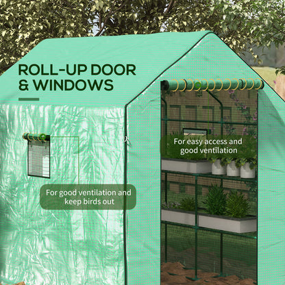 Outsunny Greenhouse Oasis: Walk-In PE Cover with 3 Tier Shelves, Roll-Up Door & Mesh Windows, 140x213x190cm, Verdant Green