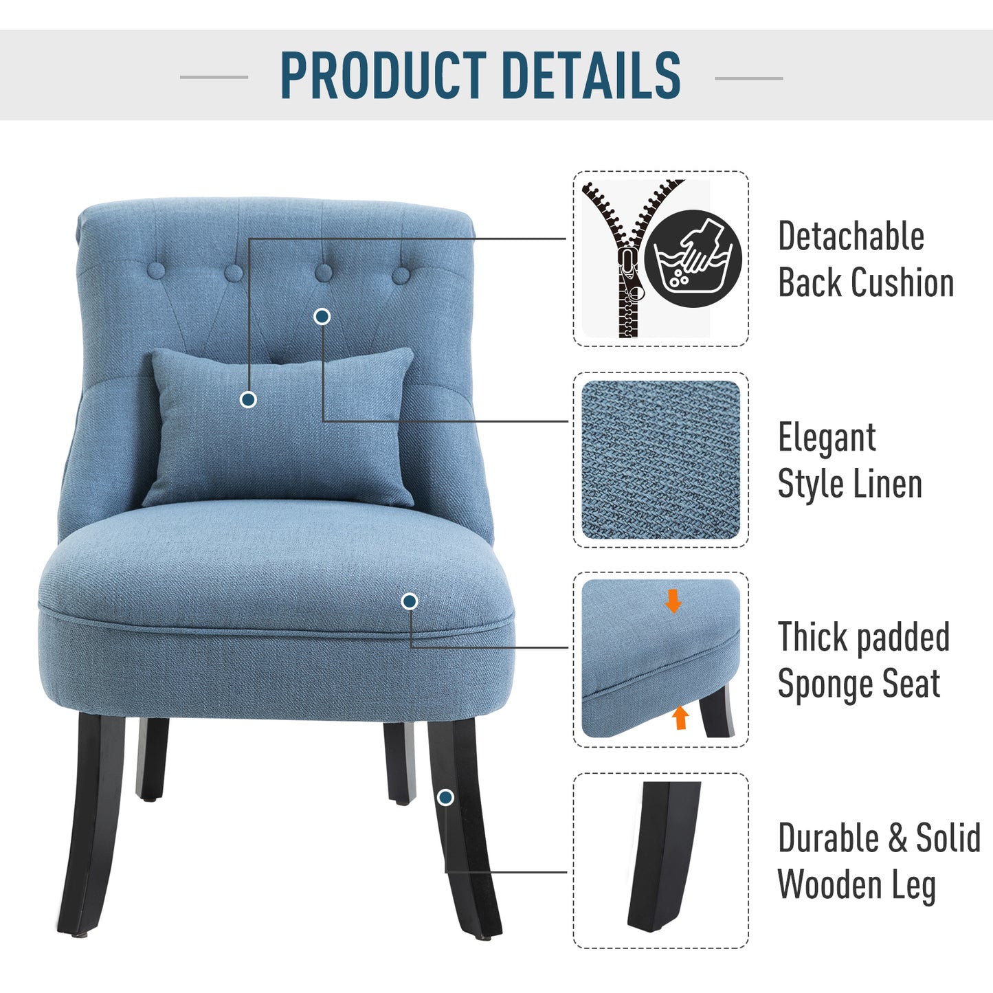 HOMCOM Fabric Single Sofa Dining Chair Tub Chair Upholstered W/ Pillow Solid Wood Leg Home Living Room Furniture Blue
