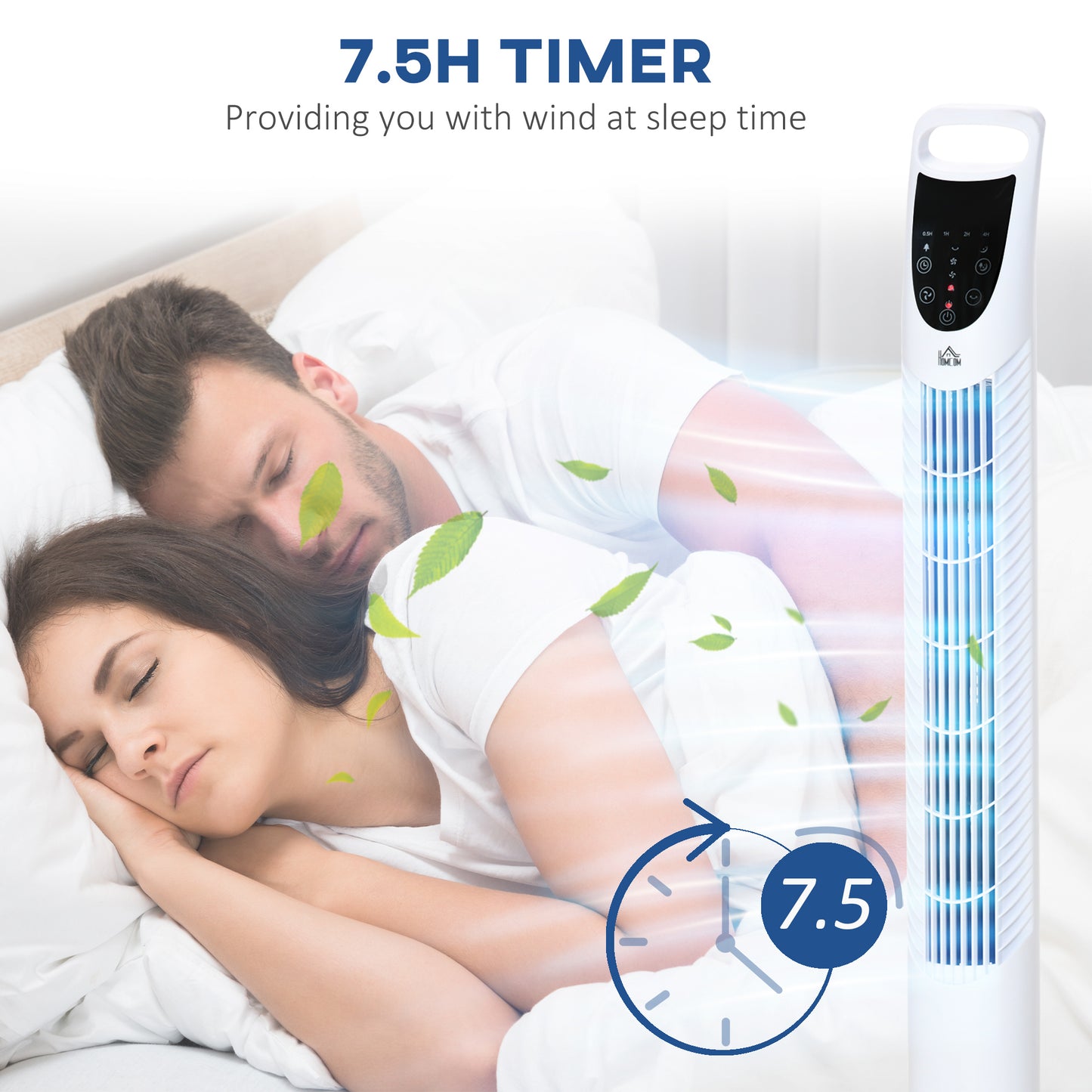 HOMCOM Tower Fan, 36'', with 3 Speeds, 3 Modes, 7.5h Timer, 70鎺?Oscillation, LED Control Panel, Remote Control, White
