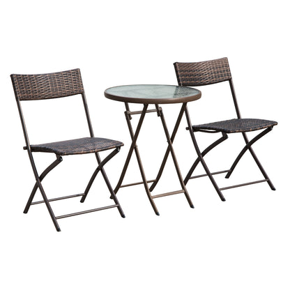 Outsunny Rattan Bistro Set 2-Seater Garden Furniture Folding Rattan Chair Glass Topped Coffee Table Patio Balcony Wicker Furniture, Brown