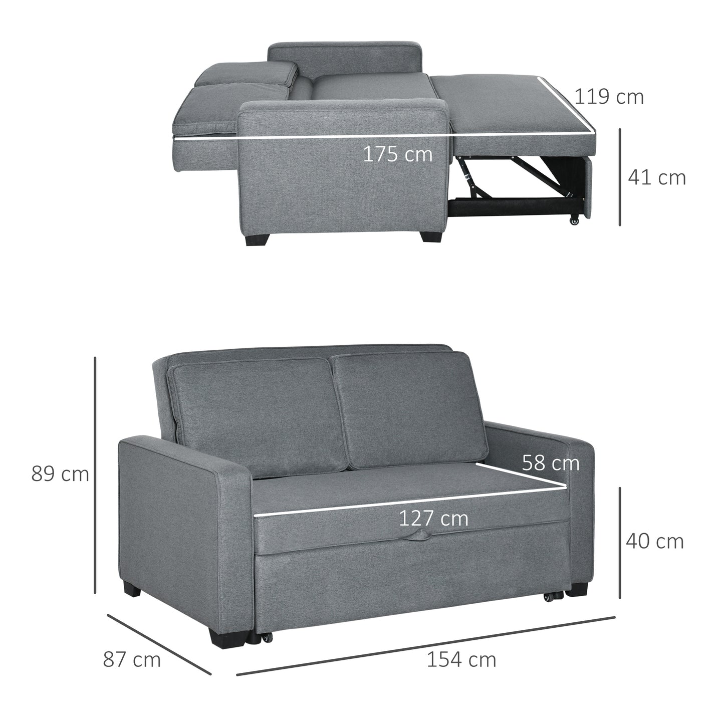 HOMCOM Double Sofa Bed Click Clack Sofa Bed Pull Out Bed with Adjustable Backrest for Living Room and Bedroom Grey