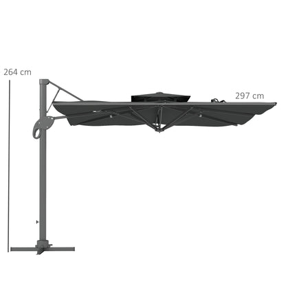 Outsunny Garden Parasol, 3(m) Cantilever Parasol with Hydraulic Mechanism, Dual Vented Top, 8 Ribs, Cross Base, Grey