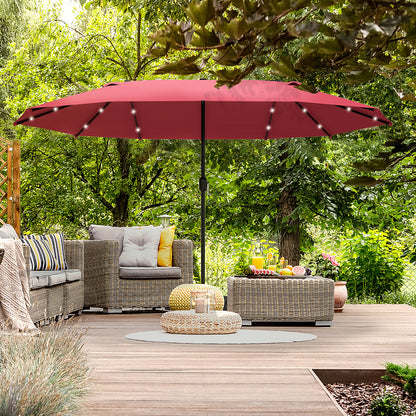 Outsunny 4.4m Double-Sided Sun Umbrella Garden Parasol Patio Sun Shade Outdoor with LED Solar Light, NO BASE INCLUDED, Wine Red