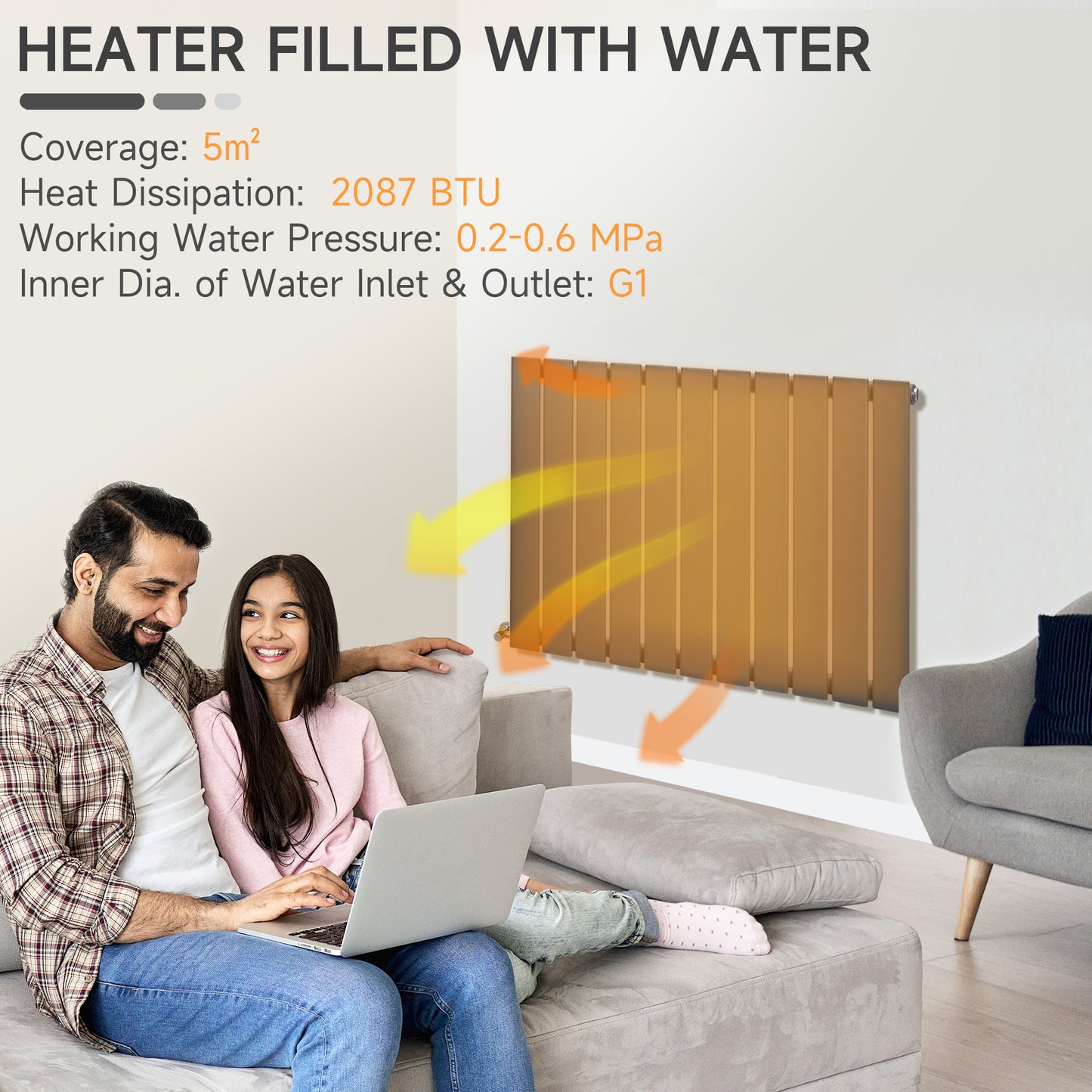 HOMCOM 83 x 60cm Space Heater, Water-filled Heater for Home, Single-layer Horizontal Designer Radiators, Quick Warm up Living room, Study Garage Grey