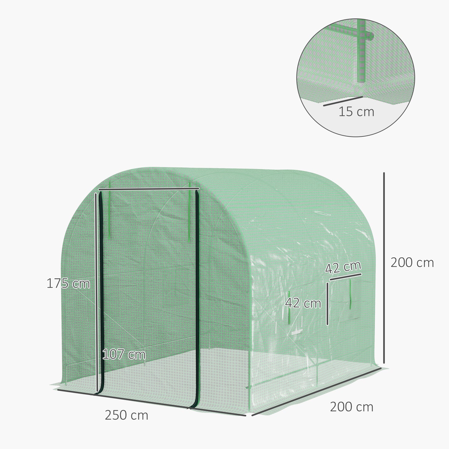 Outsunny 2.5 x 2m Walk-In Polytunnel Greenhouse, with Steel Frame, PE Cover, Roll-Up Door and 4 Windows, Green