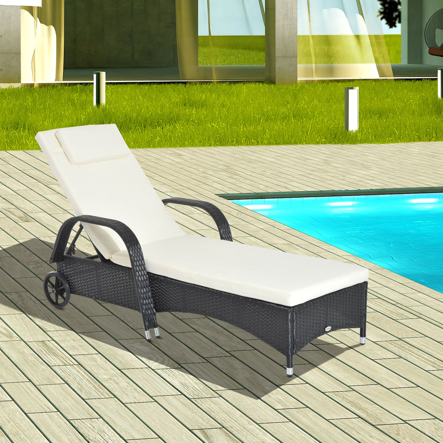 Outsunny Rattan Sun Lounger Recliner Bed, Garden Patio Outdoor Wicker Adjustable Headrest Furniture, Black