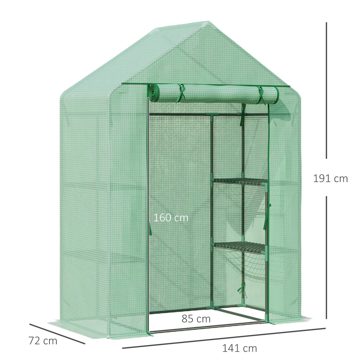 Outsunny Walk-In Greenhouse Portable Gardening Plant Grow House with 2 Tier Shelf, Roll-Up Zippered Door and PE Cover, 141 x 72 x 191 cm