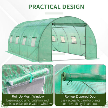 Outsunny 6 x 3 m Large Walk-In Greenhouse Garden Polytunnel Greenhouse with Steel Frame, Zippered Door and Roll Up Windows, Green