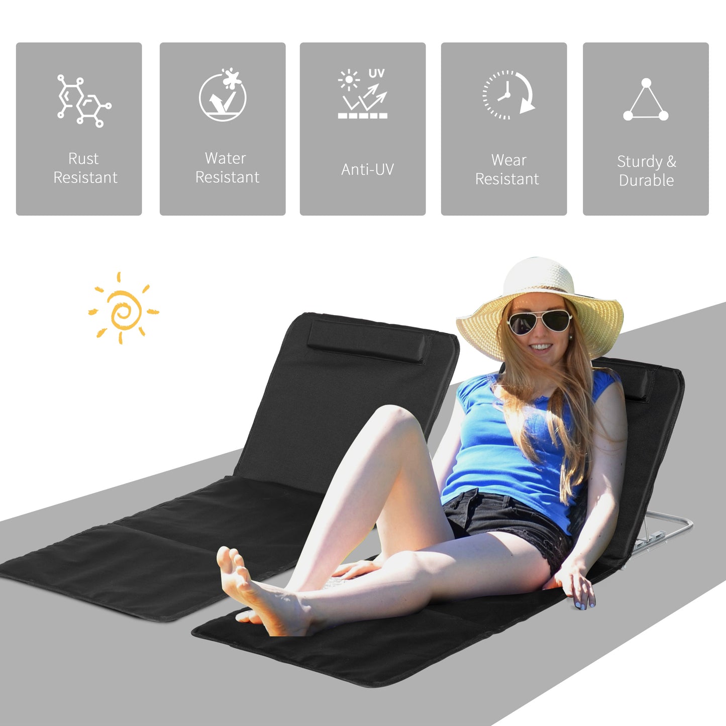 Outsunny Foldable Beach Chair Mats Set of 2: Lightweight Garden Sun Loungers with Adjustable Back & Head Pillow, Black