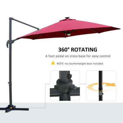 Outsunny 3(m) Cantilever Roma Parasol Adjustable Garden Sun Umbrella with LED Solar Light Cross Base 360° Rotating, Red