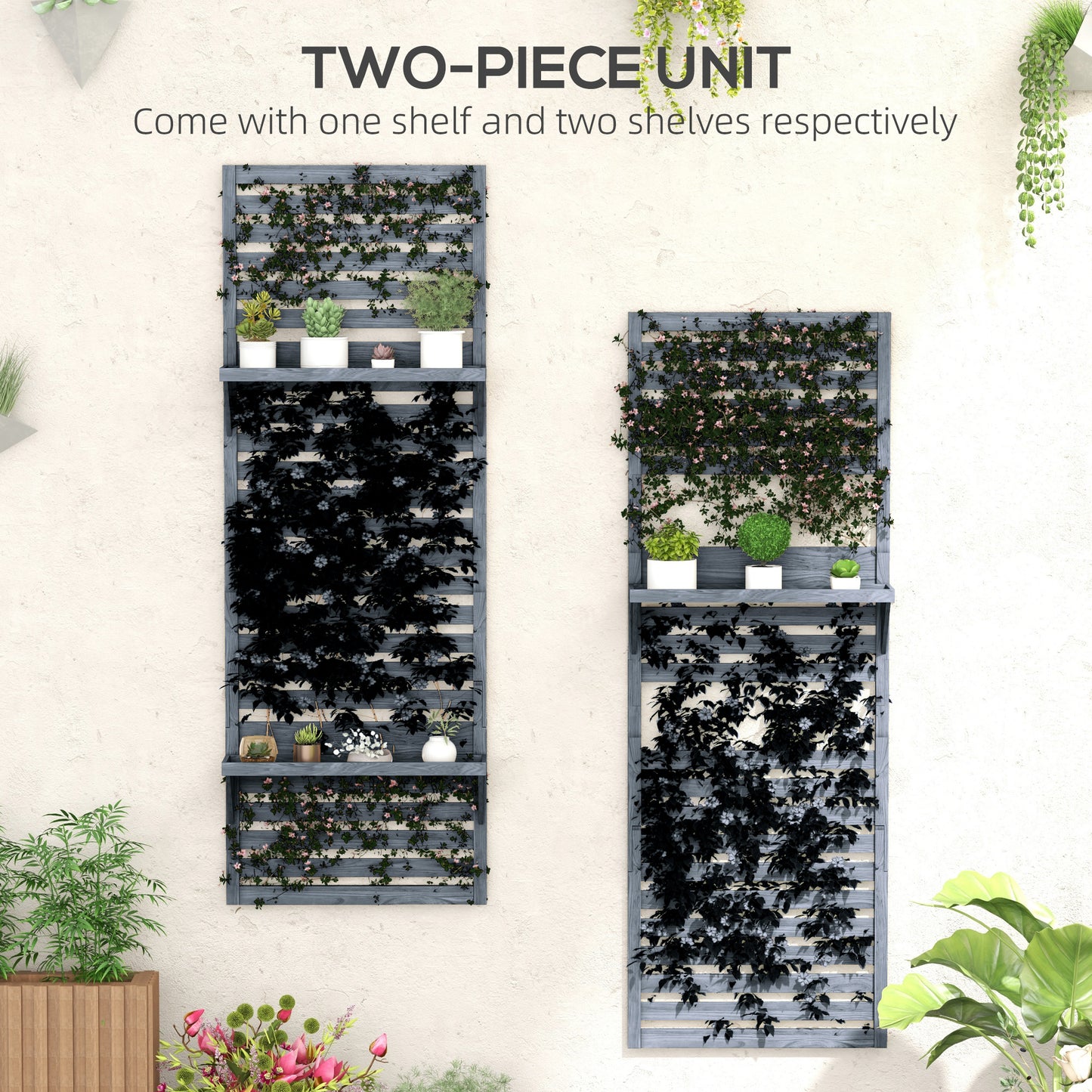 Outsunny Wall Mounted Plant Stands Set of 2, Fir Wood Flower Stand with Shelves and Slatted Trellis for Patio, Balcony, Porch