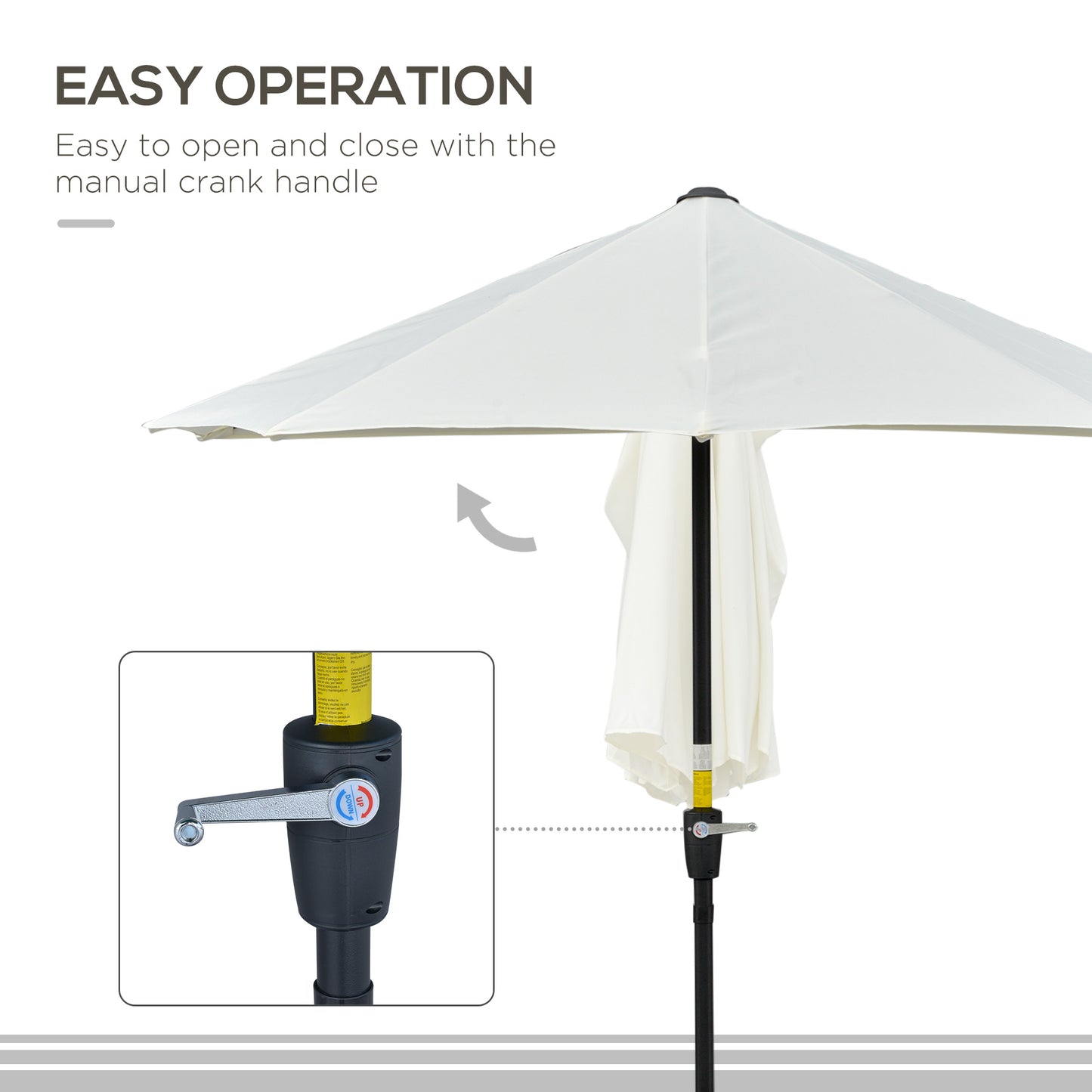 Outsunny Half Parasol: Crank-Operated Sunshade for Balconies & Gardens, Cream White Canopy