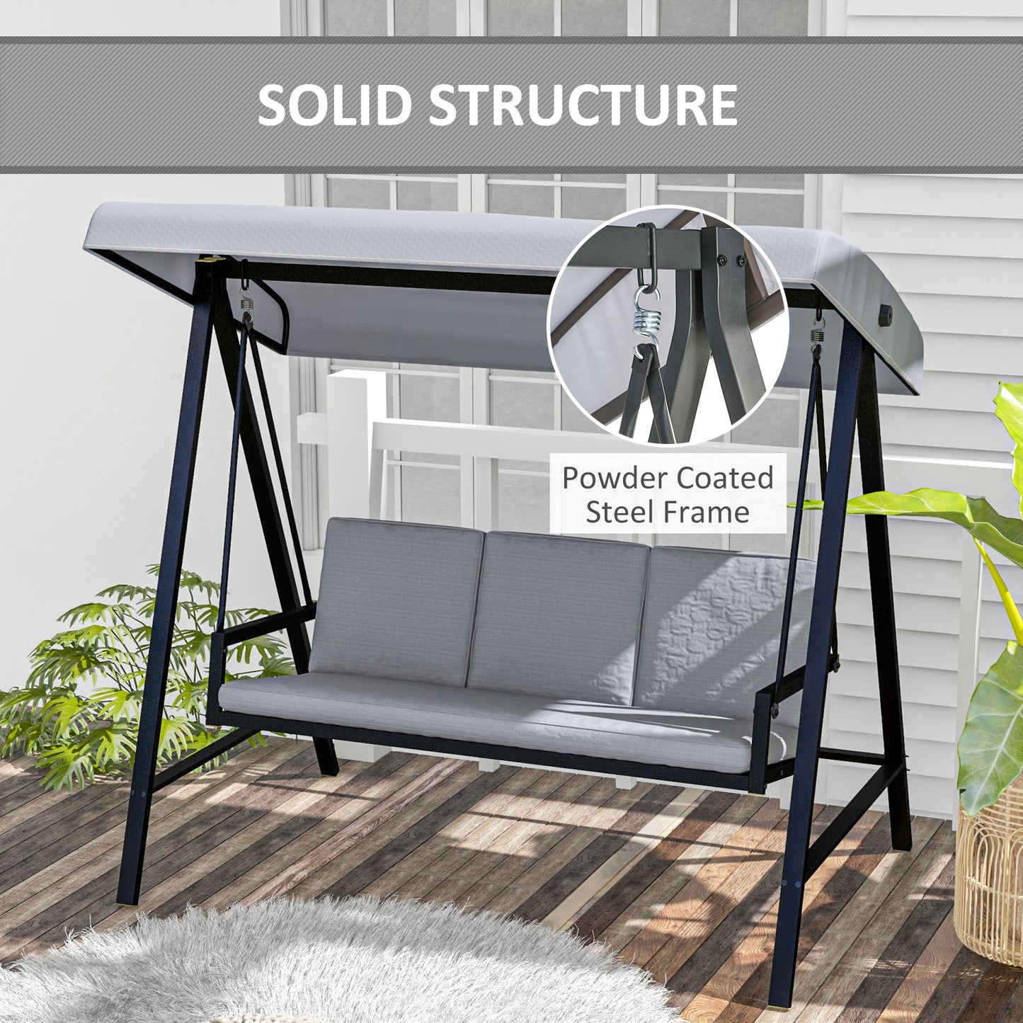 Outsunny 3 Seater Garden Swing Chair, Outdoor Hammock Bench with Adjustable Canopy, Removable Cushions and Steel Frame, Grey