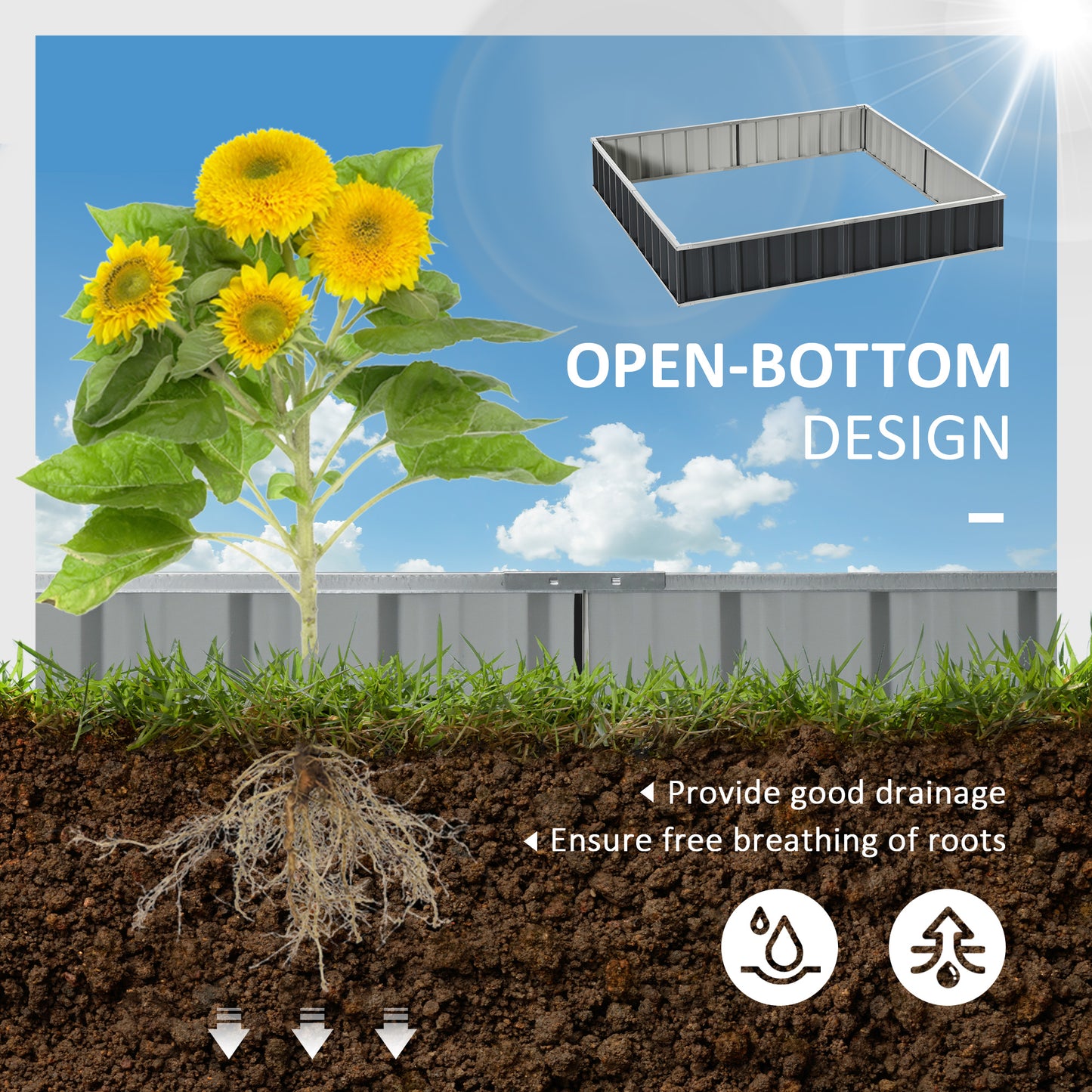 Outsunny Metal Raised Garden Bed, DIY Large Steel Planter Box, No Bottom w/ A Pairs of Glove for Backyard, Patio to Grow Vegetables, Herbs, 258cmx90cm