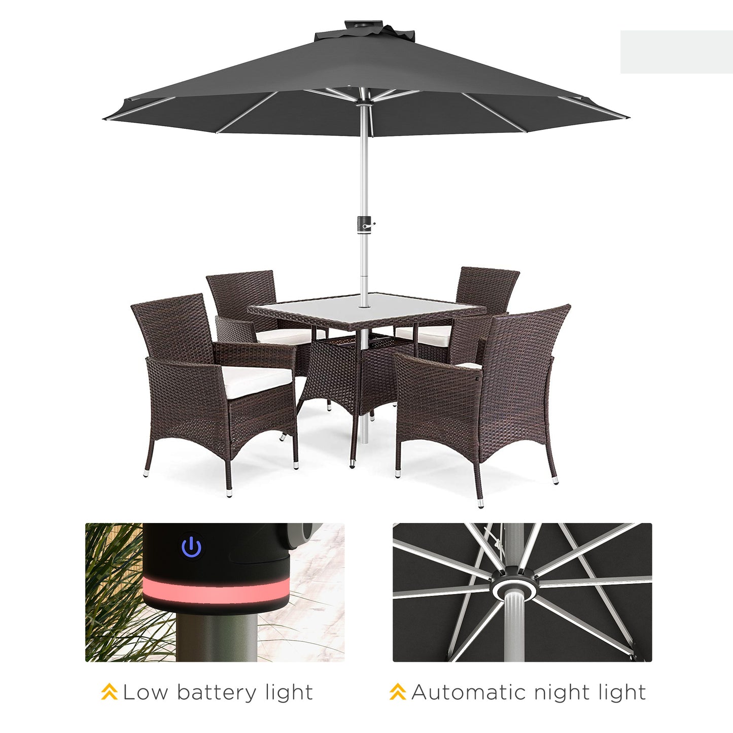 Outsunny LED Patio Umbrella, Lighted Deck Umbrella with 4 Lighting Modes, Solar & USB Charging, Charcoal Grey