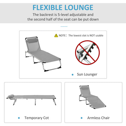 Outsunny Reclining Sun Lounger, Foldable Lounge Chair, Camping Bed Cot, 4-Level Back, Aluminium Frame, Pillow, Grey