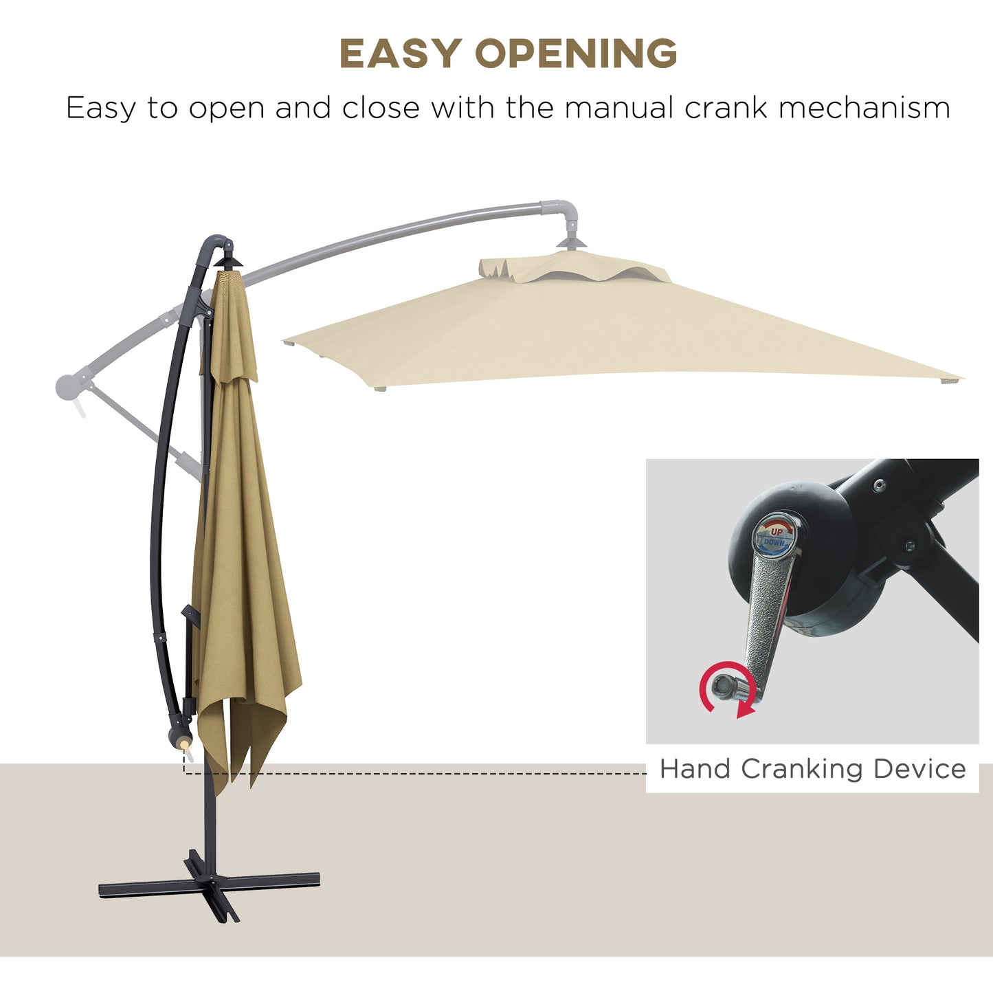 Outsunny Cantilever Parasol: Crank-Operated, 6 Ribs, Cross Base, Rectangular Banana Hanging Umbrella, 3x2m, Brown