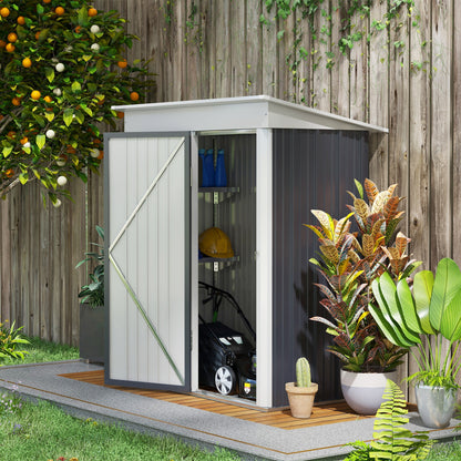Outsunny Metal Garden Shed, Outdoor Lean-to Shed for Tool Motor Bike, with Adjustable Shelf, Lock, Gloves, 5'x3'x6',  Dark Grey