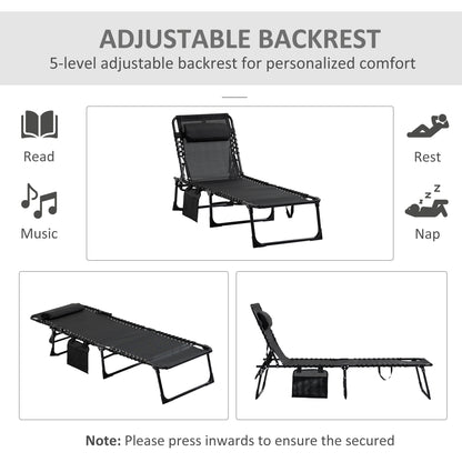 Outsunny Portable Sun Lounger Set of 2, Folding Camping Bed Cot, Reclining Lounge Chair 5-position Adjustable Backrest with Side Pocket, Pillow for Patio Garden Beach Pool, Black