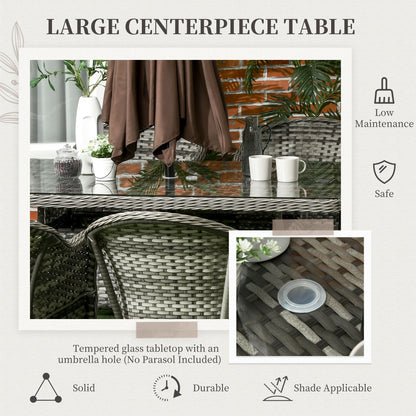 Outsunny 7 Pieces PE Rattan Dining Set Furniture Patio Wicker Furniture with Tempered Glass Table Top, Umbrella Hole and Cushions, Grey