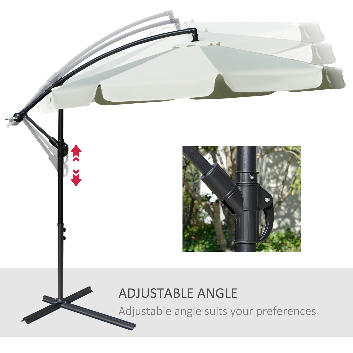 Outsunny Cantilever Umbrella, 2.7m Banana Parasol with Crank Handle and Cross Base, Outdoor Hanging Sun Shade, Cream White