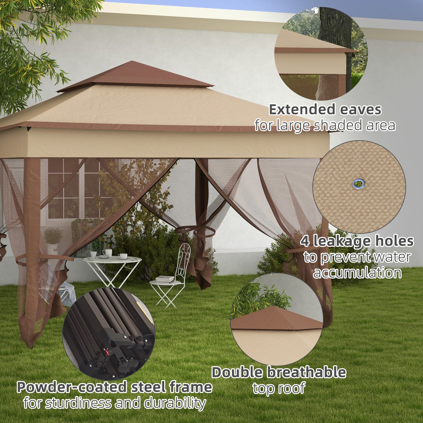 Outsunny 3 x 3(m) Pop Up Gazebo, Double-roof Garden Tent with Netting and Carry Bag, Party Event Shelter for Outdoor Patio, Khaki
