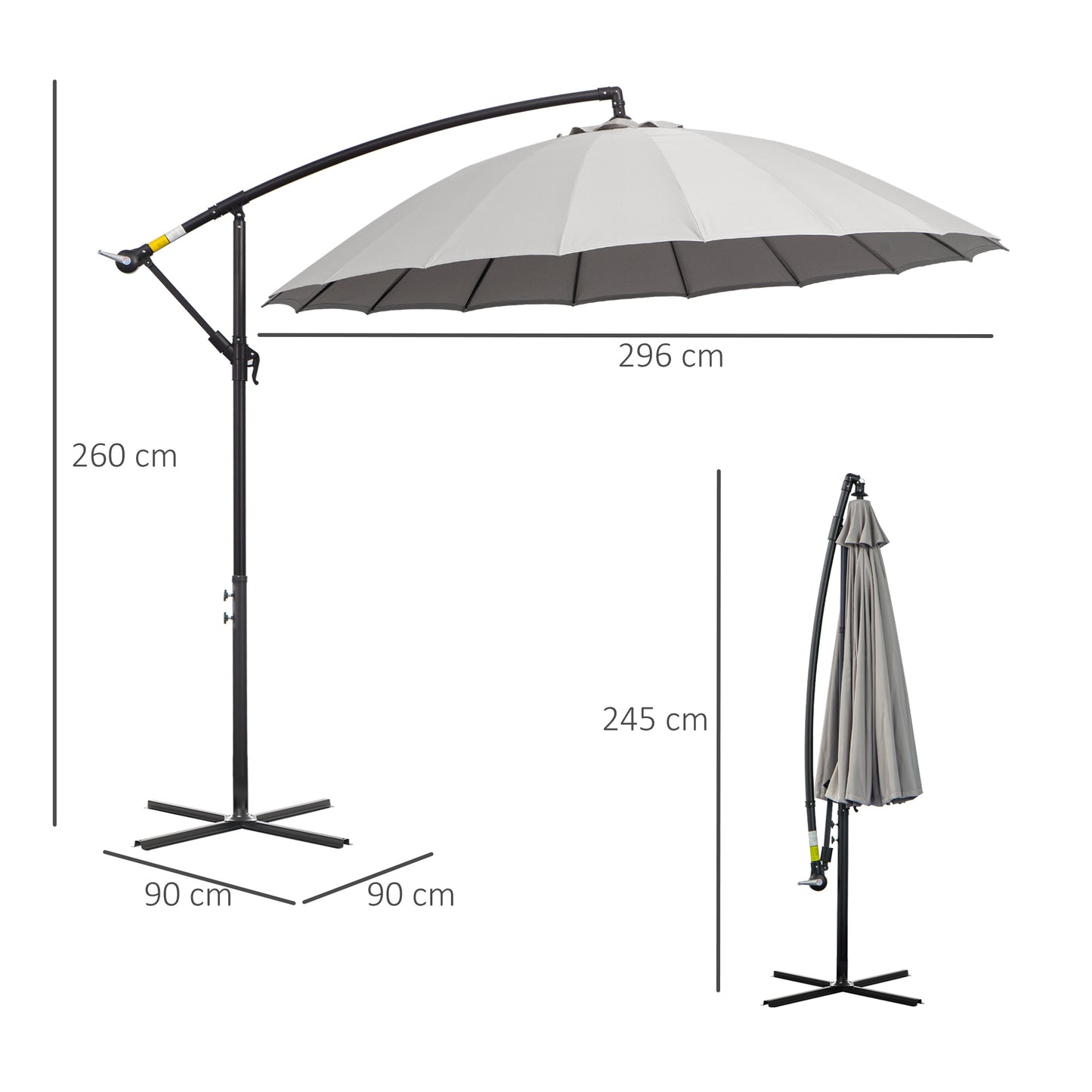 Outsunny 3(m) Cantilever Garden Hanging Banana Sun Umbrella with Crank Handle, 18 Sturdy Ribs and Cross Base, Grey