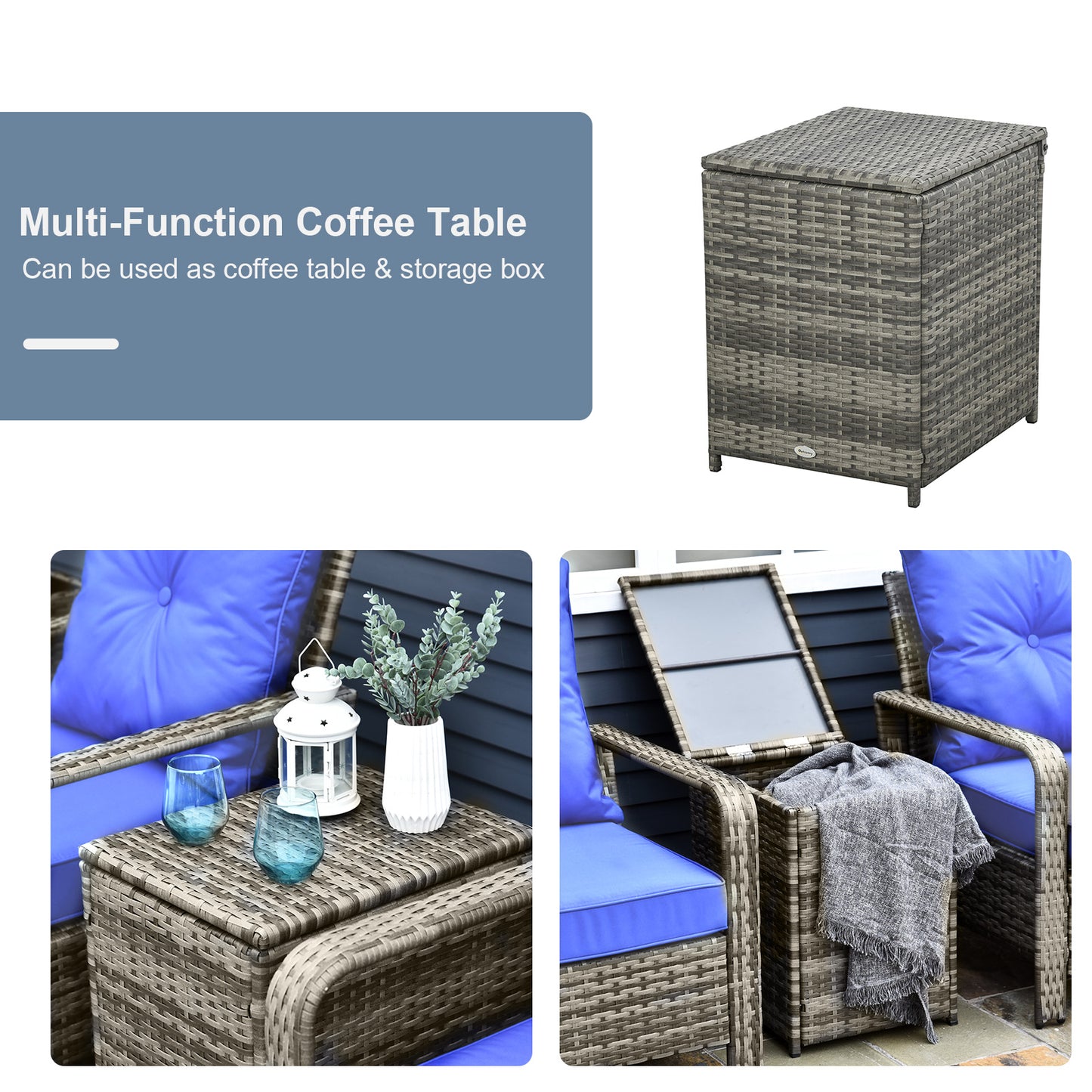 Outsunny 3 pcs PE Rattan Wicker Garden Furniture Patio Bistro Set Weave Conservatory Sofa Storage Table and Chairs Set Blue Cushion Grey Wicker