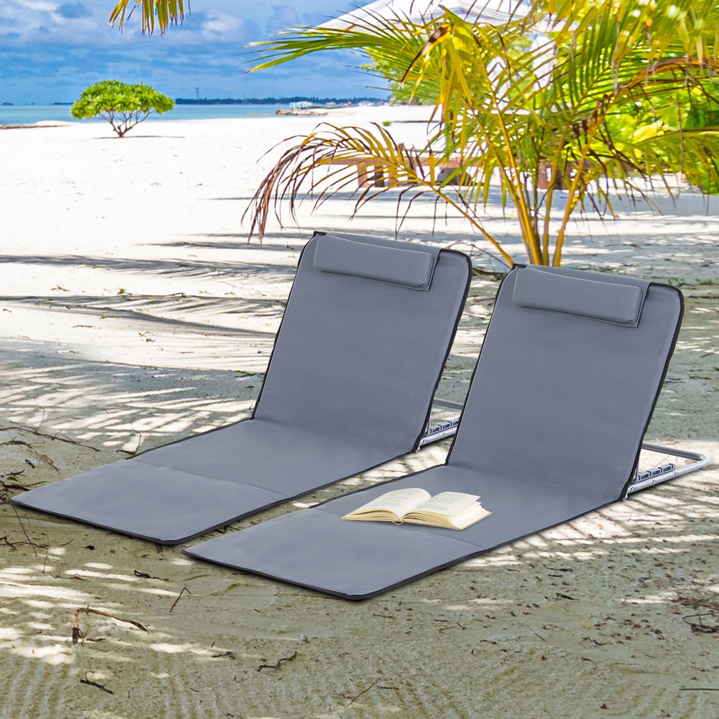 Outsunny Set of 2 Foldable Garden Beach Chair Mat Lightweight Outdoor Sun Lounger Seats Adjustable Back Metal Frame PE Fabric Head Pillow, Grey