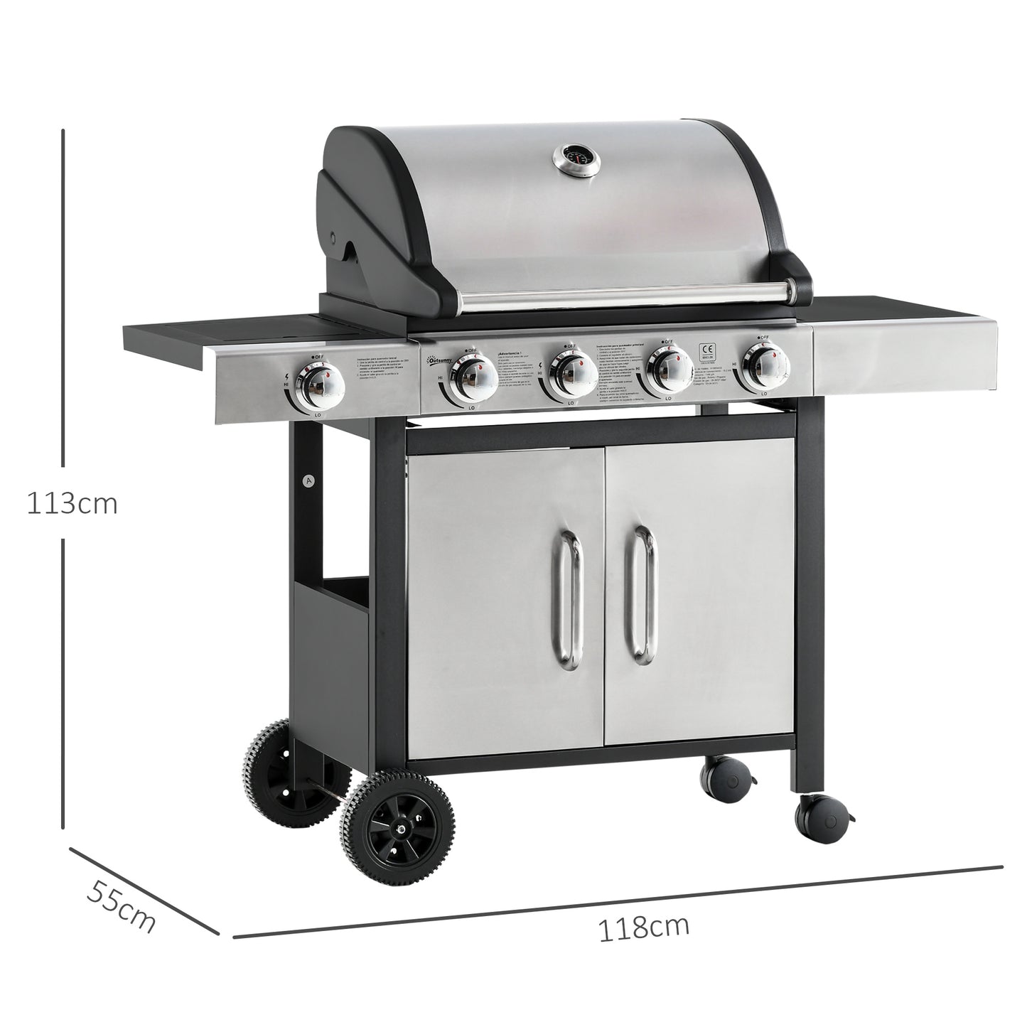 Outsunny Gas Burner Barbecue Grill 4+1 Burner Garden BBQ Trolley w/ Side Burner Warming Rack Side Shelves Storage Cabinet Piezo Ignition Thermometer