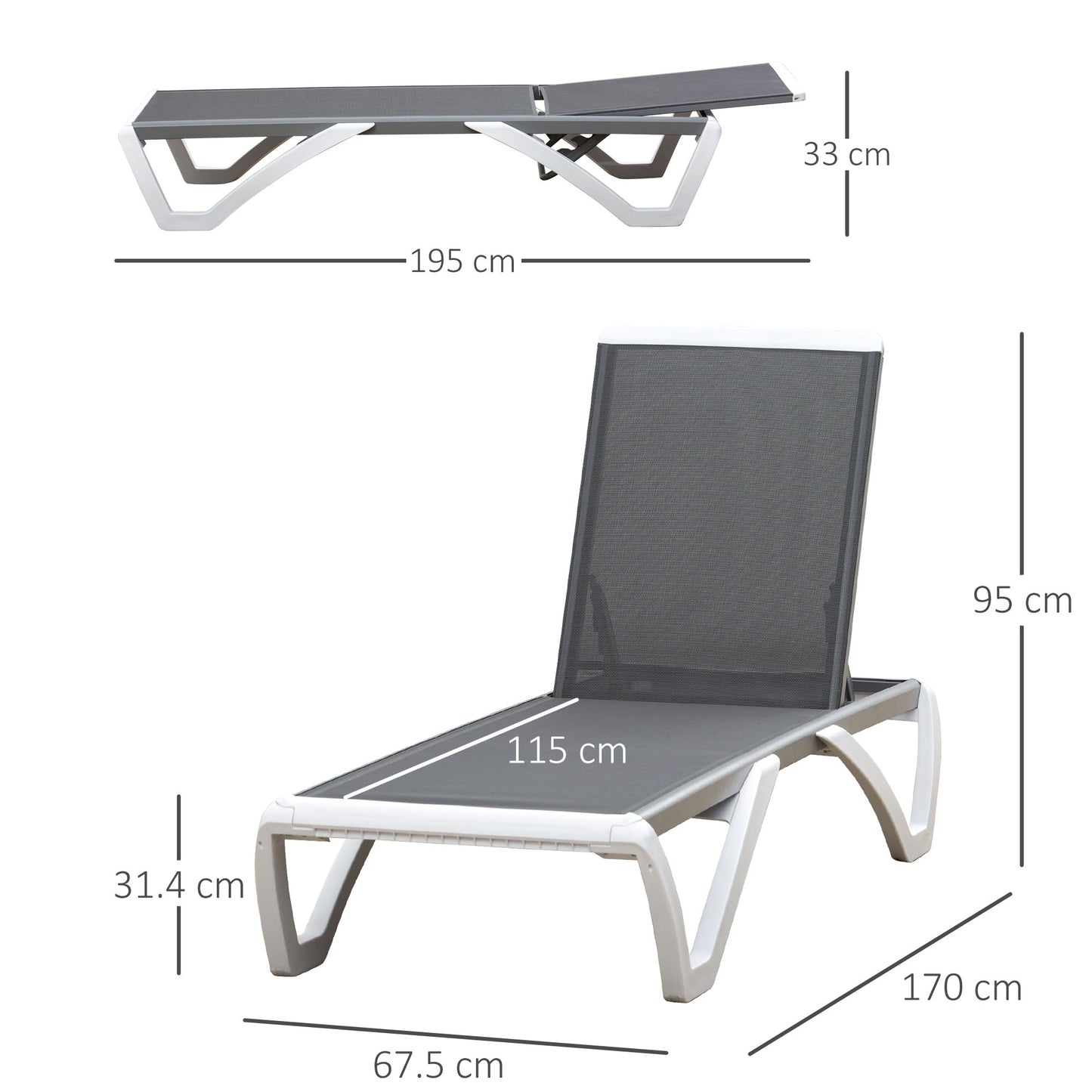 Outsunny Portable Outdoor Chaise Lounge, with Adjustable Back, Breathable Texteline, Light Grey
