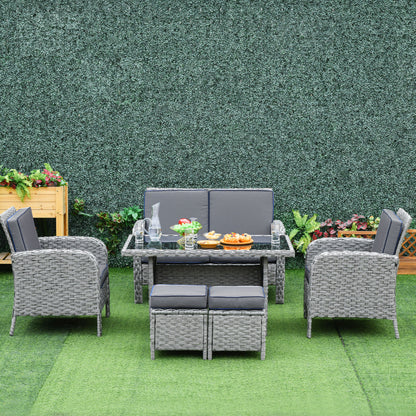 Outsunny 6-Seater Outdoor Patio Rattan Dining Table Sets All Weather PE Wicker Sofa Furniture Set for Backyard Garden w/ Cushions Grey