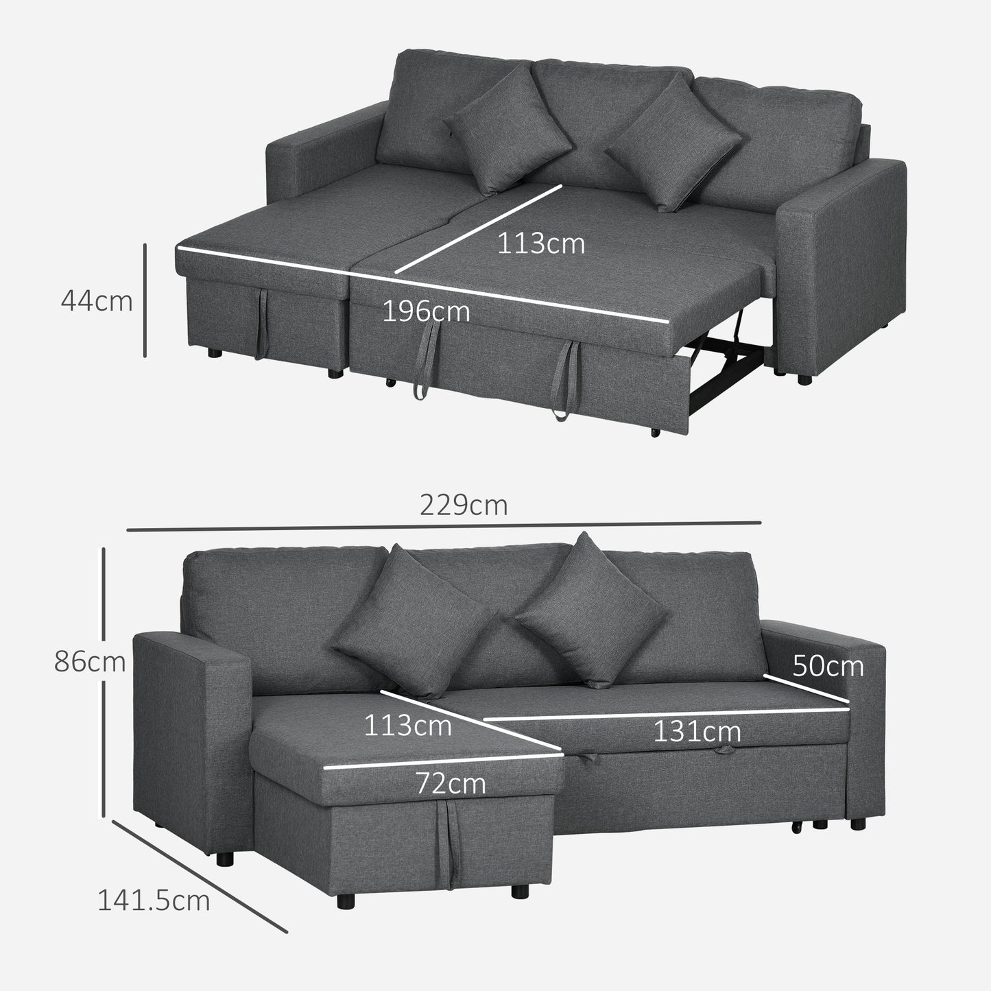 HOMCOM Corner Sofa Bed with Storage, 3 Seater Pull Out Sofa Bed, Convertible L Shape Sofa Couch with Reversible Chaise Lounge for Living Room, Dark Grey