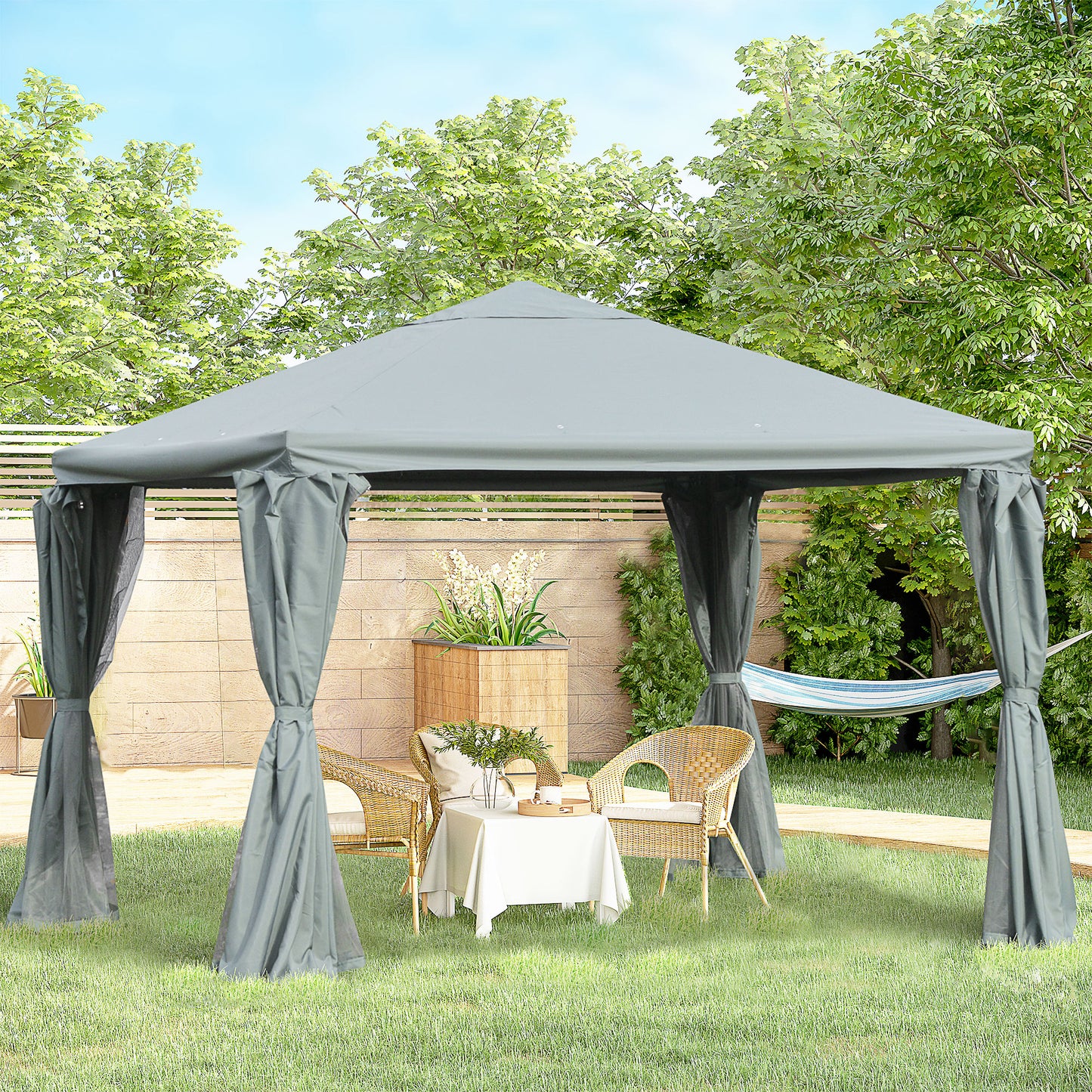 Outsunny 3(m) Garden Gazebo Canopy Party Tent Garden Pavilion Patio Shelter Aluminum Frame with Curtains, Netting Sidewalls, Grey