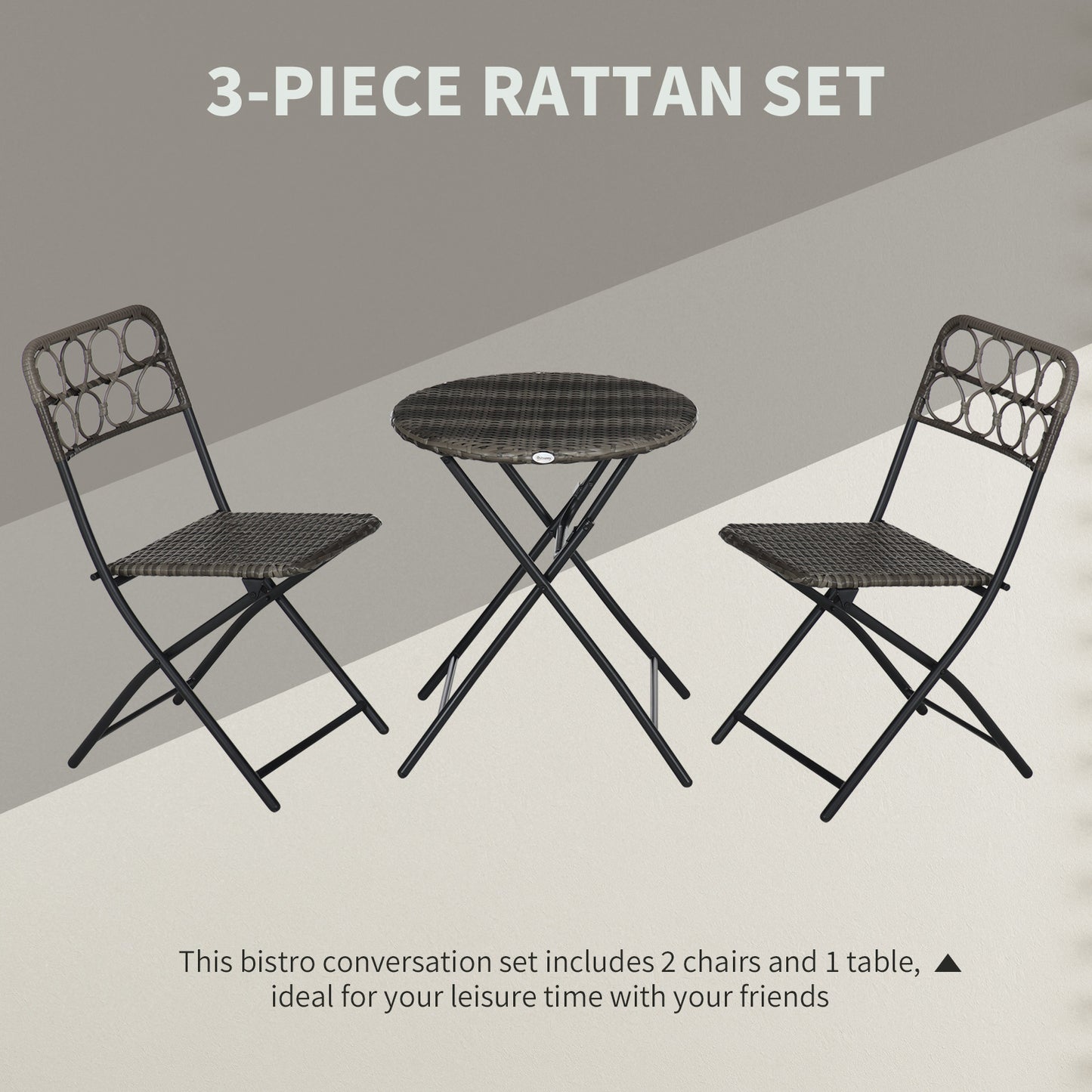 Outsunny Handwoven Rattan Bistro Set: 3-Piece Folding Chairs & Table, Coffee Set for Garden, Balcony & Poolside, Grey