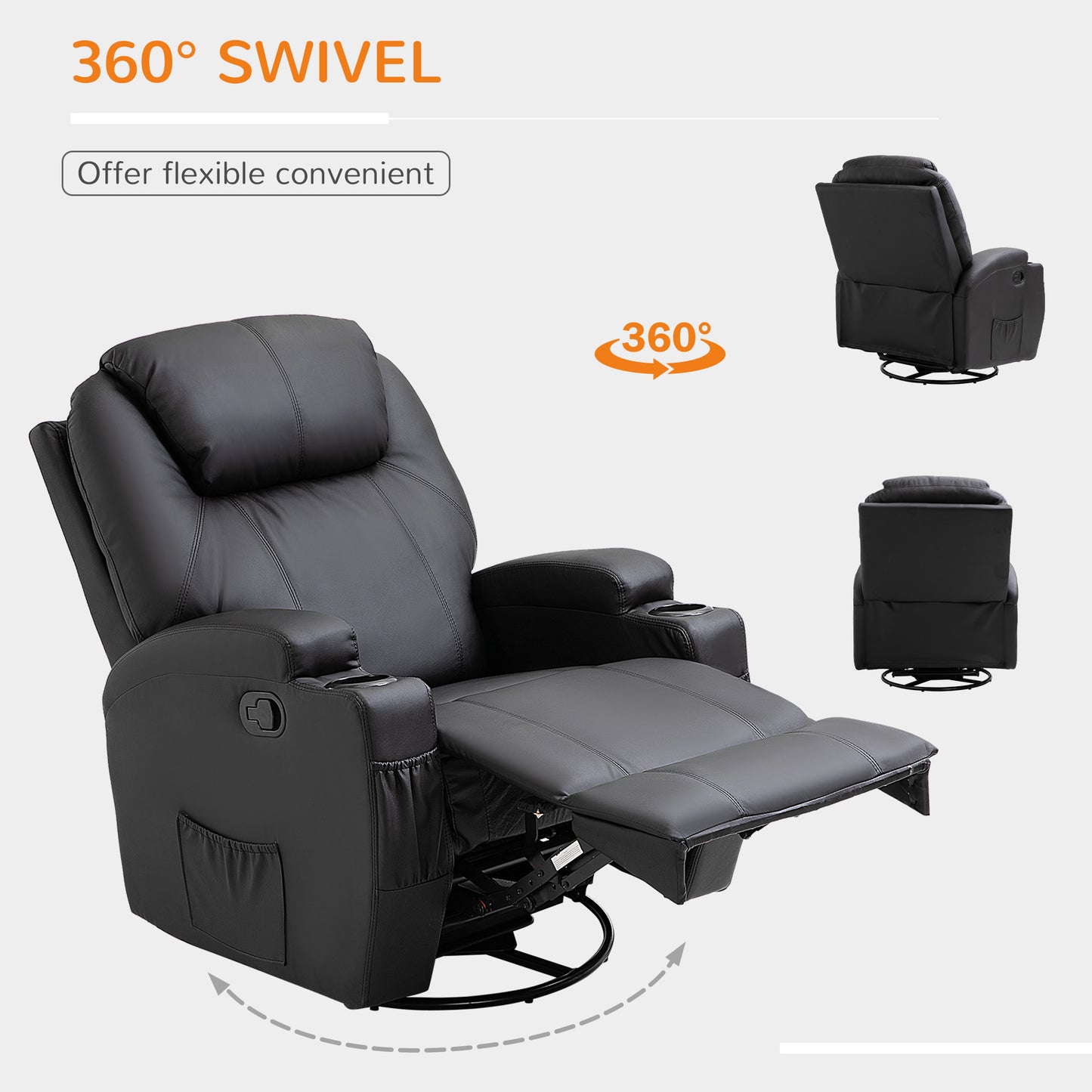 HOMCOM Recliner Sofa Chair PU Leather Armchair Cinema Massage Chair Swivel Nursing Gaming Chair Black